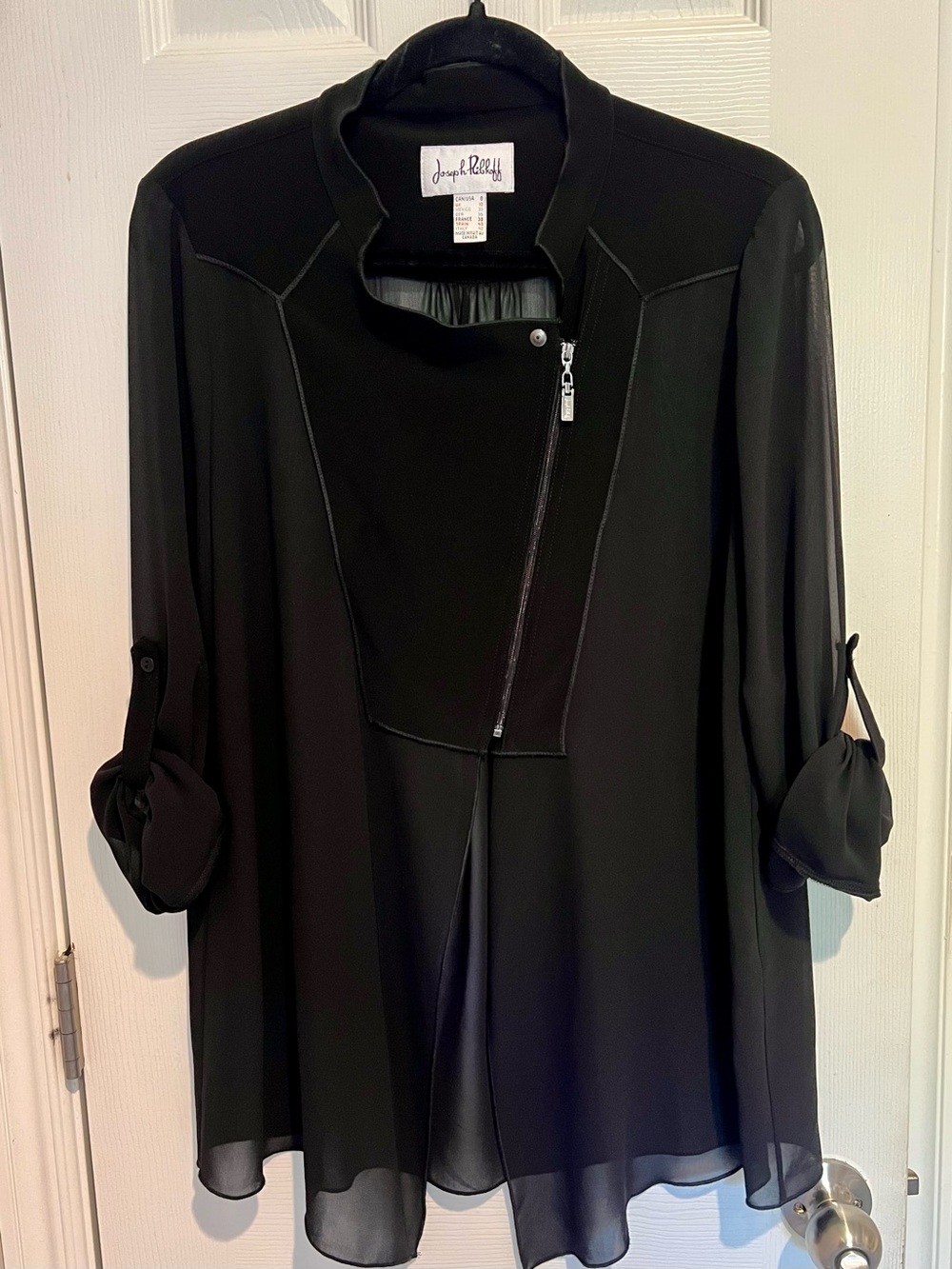 Joseph Ribkoff Black Long-Sleeve Sheer Asymmetrical Zip Tunic Mixed Media Modern